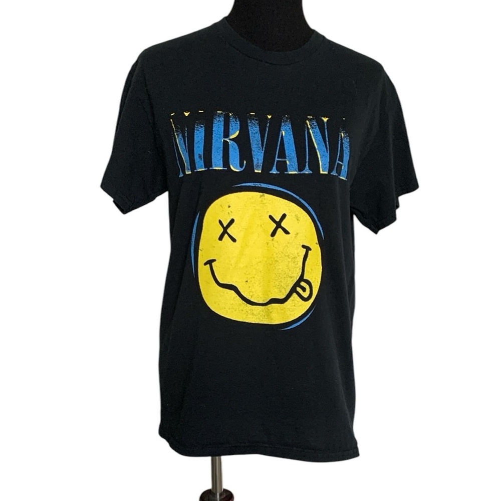 Nirvana Black Cotton Smiley Face Graphic Short Sleeved TShirt Unisex Size Medium